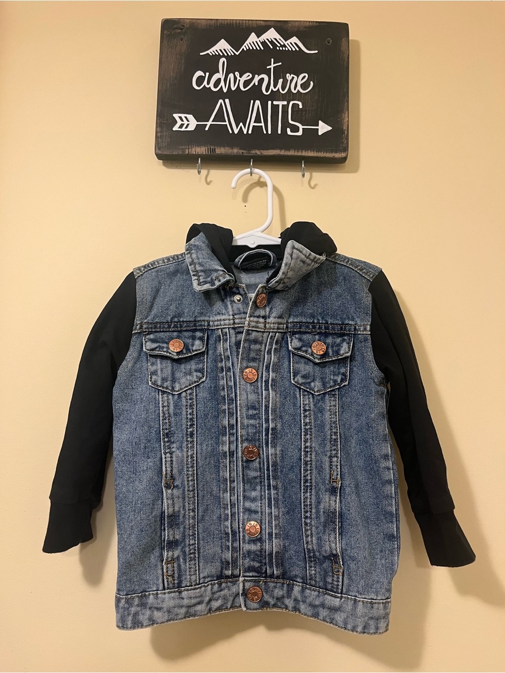 Kids Little Bipsy Denim Jacket with Black Hoodie Sleeves